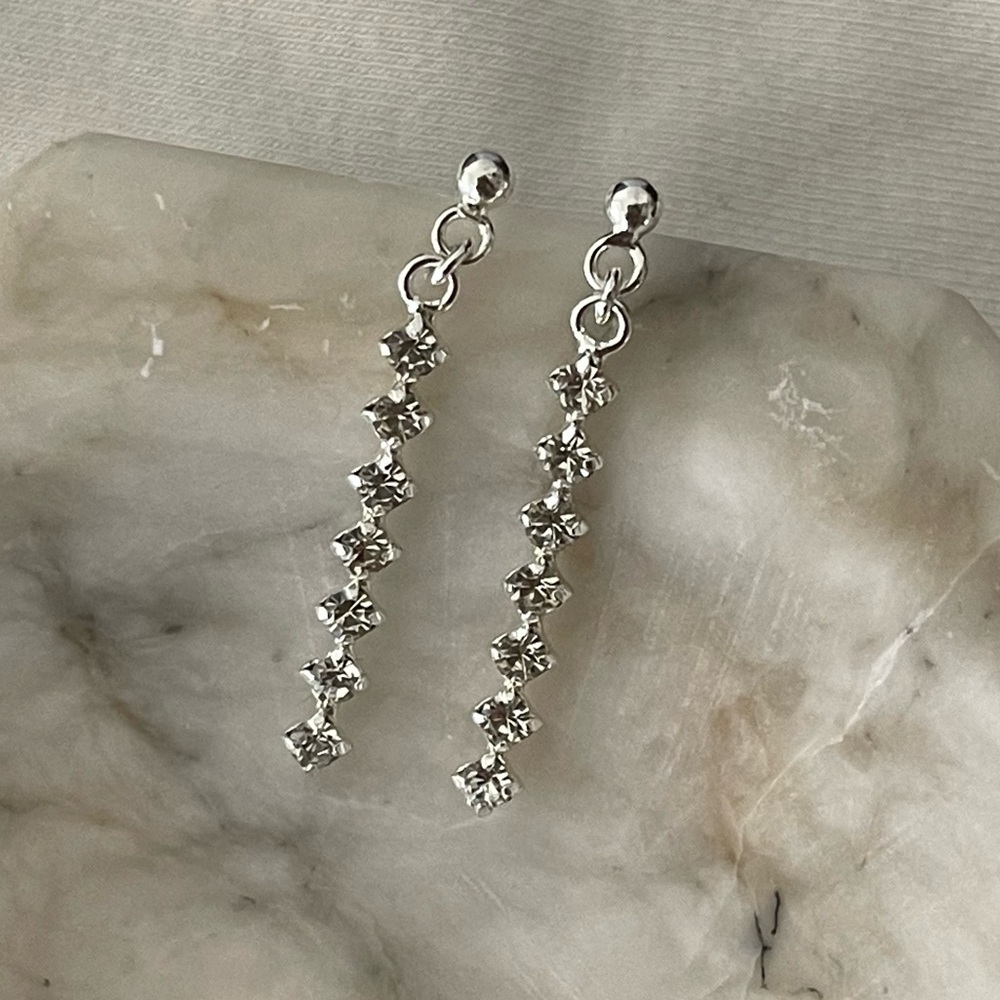 Sterling Silver 925 long rhinestone earrings minimalist prom wedding bridal - Picture 8 of 10